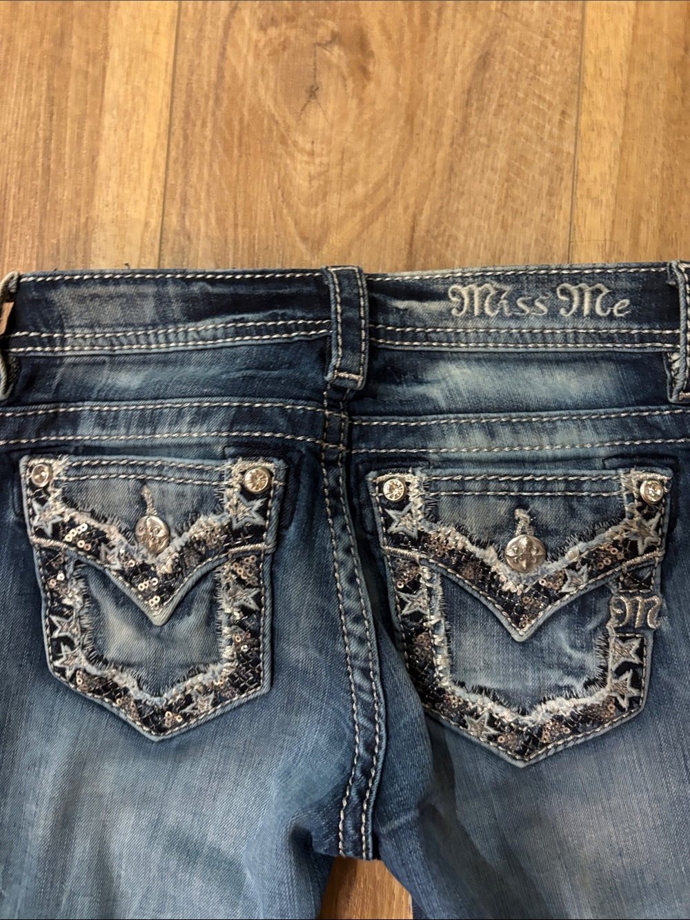 Miss Me Blue Flared Jeans with Distressed Accents